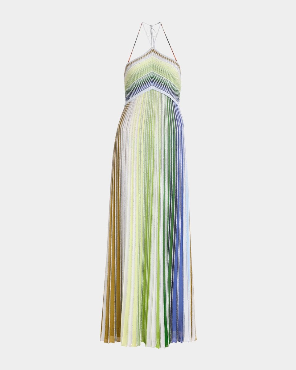 Paillette Stripe Pleated Knit Halter Maxi Dress